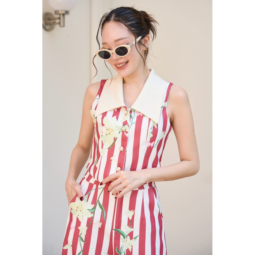 ร138  “ลิลลี่เซทกางเกง” รุ่นขายดีสีใหม่ ริ้วแดงอ่อน  งานเซ็ทกางเกง