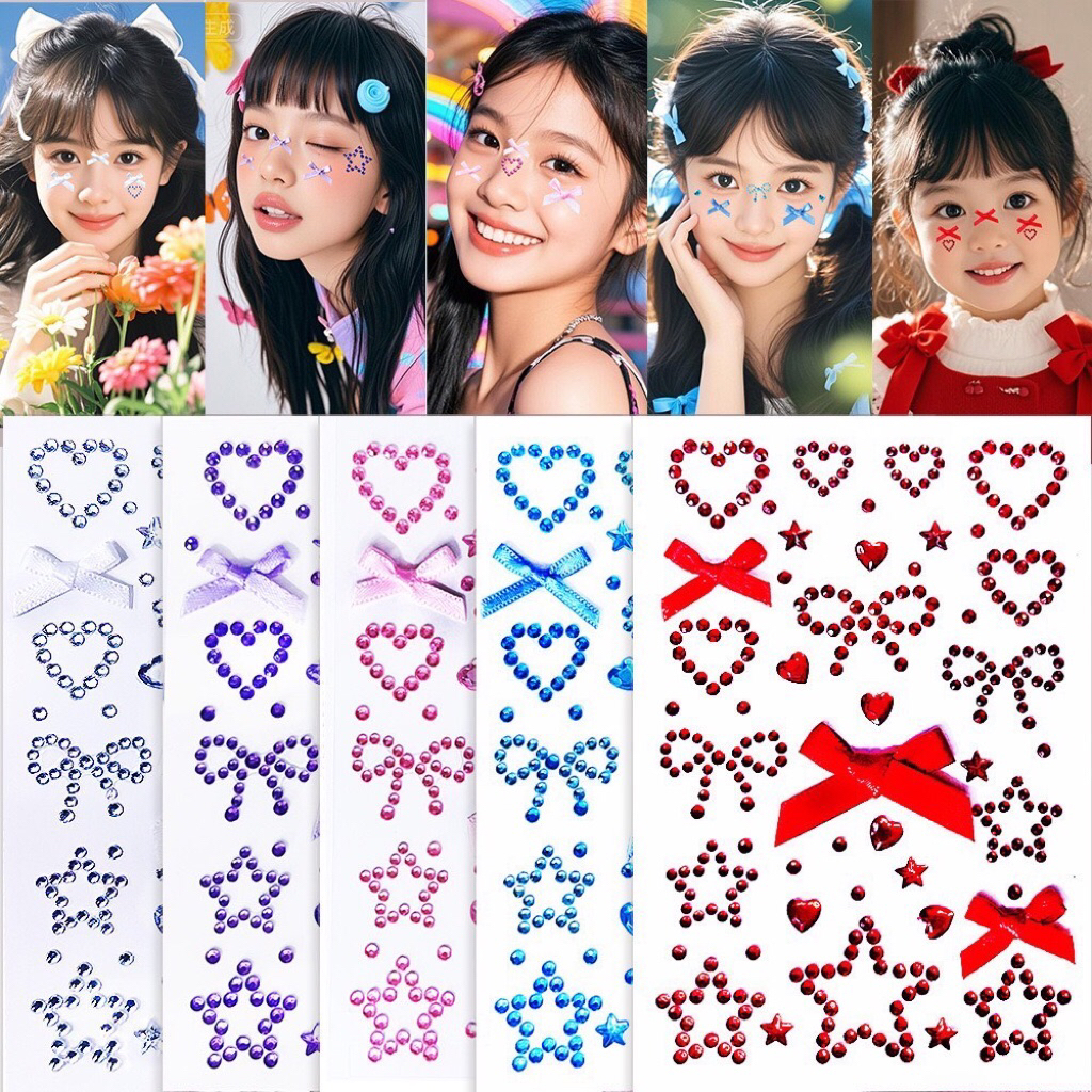 พร้อมส่ง🇹🇭กทม สติกเกอร์ DIY ประดับหน้า-ตัว แบบโบว์และคริสตัล 💎 จำนวน 1 แผ่น เลือกสีได้ มีกาวในตัว ติดง่ายตามสไลด์