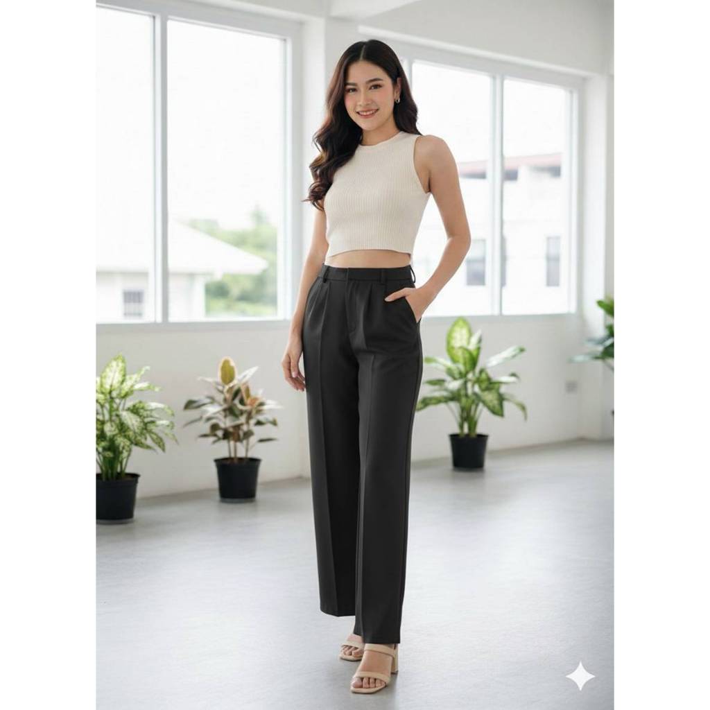 กางเกงขายาวผู้หญิง กระบอกกลางตะขอหน้า (ผ้าเปเป้) (S-2XL)