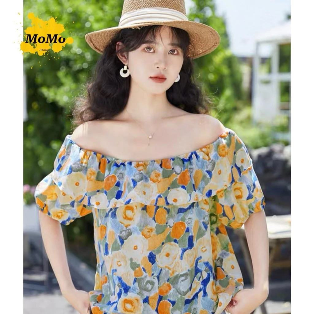 เสื้อลายดอกไม้ผ้าชีฟองแขนสั้น ดีเทลจับจีบพอง รุ่น 074 thumbnail 5