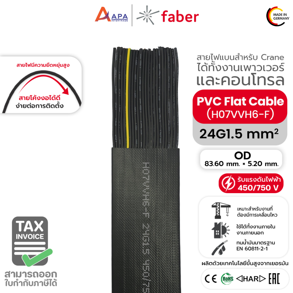 PVC Flat Cable (H07VVH6-F) 24G1.5 SQ.MM FARBER KABEL (1 ชิ้น = 1 เมตร)