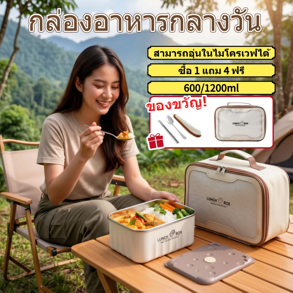 ซื้อ 1 แถม 4 กล่องข้าวสแตนเลส 304 เลือกขนาดได้ 600ml 1200ml อุ่นไมโครเวฟได้ ชุดกล่องอาหาร พร้อมส่ง แถมกระเป๋า ช้อนส้อม