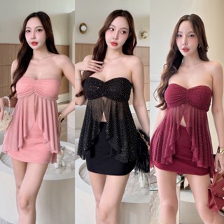 S48 -ชุดเซ็ตปาร์ตี้ เสื้อเกาะอกแต่งเพชร + กระโปรง