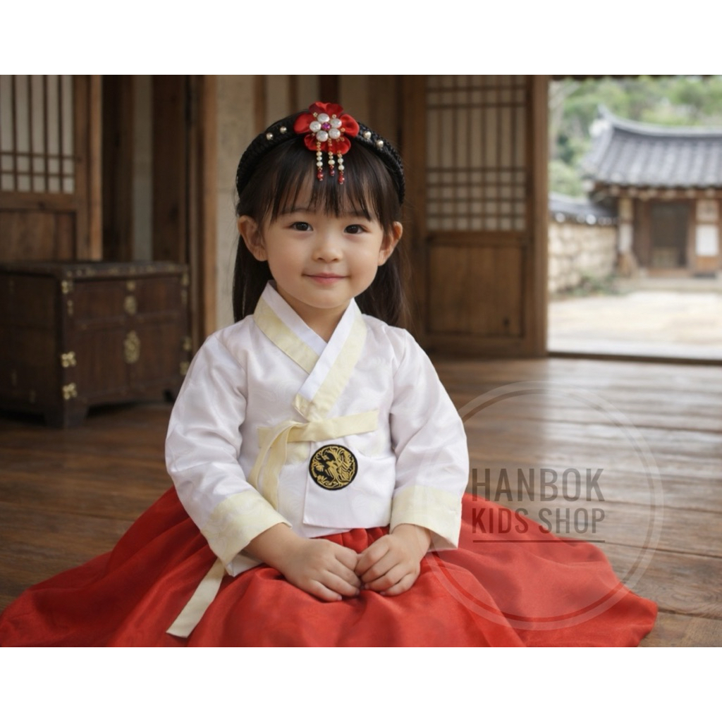 ชุดฮันบก สำหรับเด็กหญิง ผ้าซาติน ที่คาดผม สีขาว/แดง