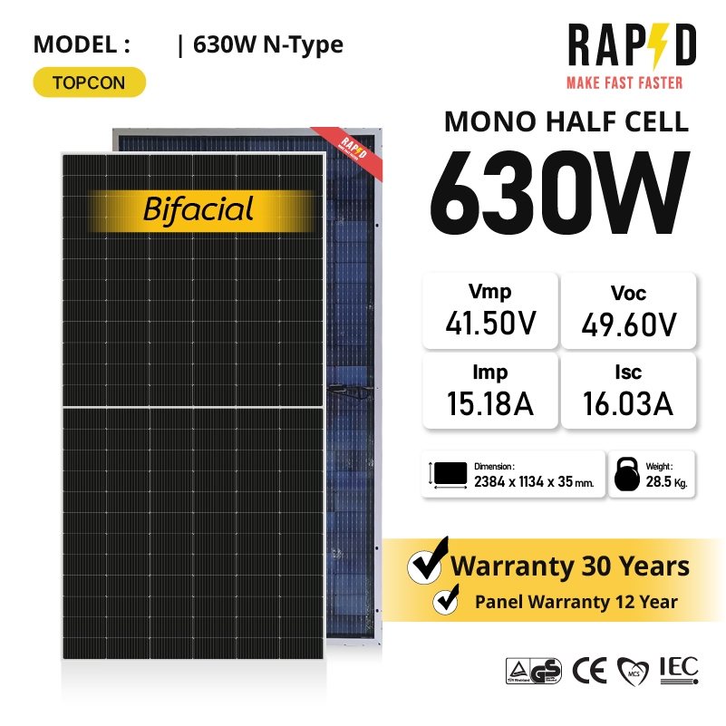 RAPD ส่งฟรี โดยร้านค้า แผงโซล่าเซลล์ 630W หมด รอของ4 พค(N-Type)(ประกันแผง12ปีประกันไฟออก30ปี)