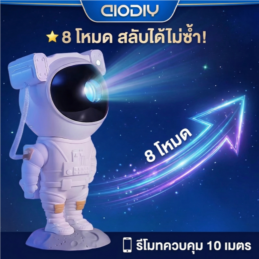 AIODIY นักบินอวกาศ โคมไฟโปรเจคเตอร์ดาว 8 โหมด รีโมท ชาร์จ USB แต่งห้องนอน ไฟดาว ท้องฟ้า ปรับมุมได้