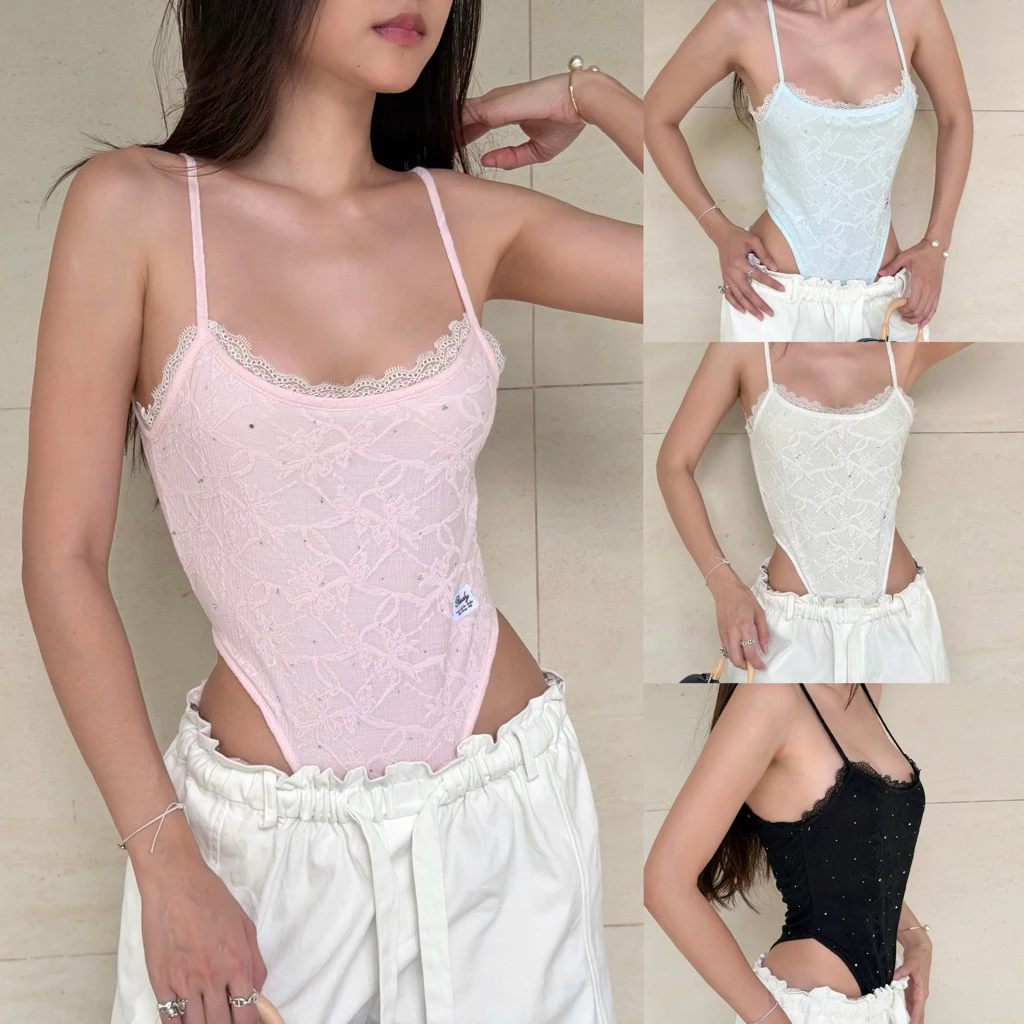 RUDY – LOVE LACE BODYSUIT 💌(ส่งด่วน!!)บอดี้สูทลูกไม้มีซับในติดเพชรทั้งตัวสีสวยละมุน สายปรับได้