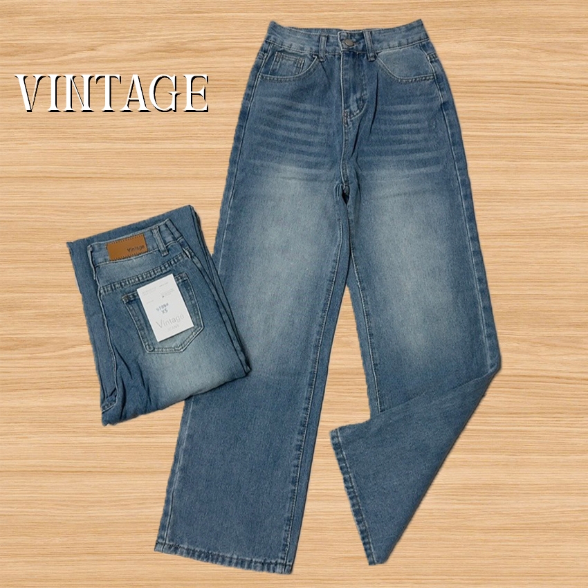 Vintage รุ่น 9789 กางเกงยีนส์ ฟ้าเบสิก ทรงกระบอก แต่งเฟดขา ทรงสวยผ้าไม่ยืด