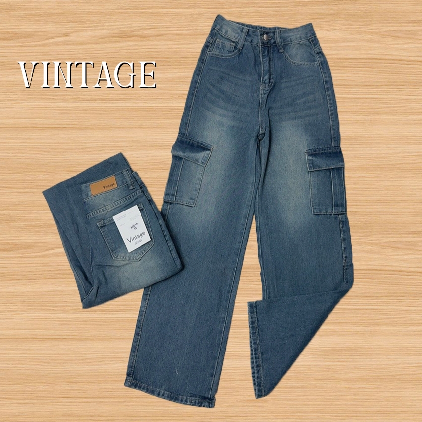 Vintage รุ่น #A001 กางเกงยีนส์ คาร์โก้ แต่งเฟดขา ขากระบอก สไตล์วินเทจ กระเป๋าตรง 2 ใบ