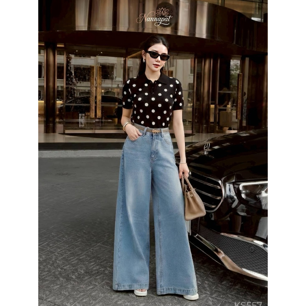 Set 3 ชิ้น เสื้อโปโลแขนสั้น เข้ารูป ลายจุดขาวบนพื้นดำ+กางเกงยีนส์แท้ ทรงกระบอกใหญ่+เข็มขัด