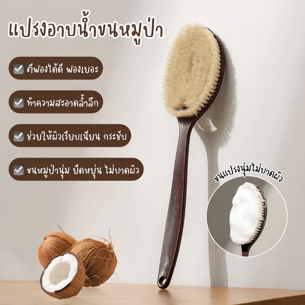 แปรงอาบน้ำขนหมูป่าธรรมชาติ ด้ามยาว ขัดผิวล้ำลึก Dry&Wet Brush ใช้ได้ทั้งแห้ง-เปียก ขนนุ่ม ไม่บาดผิว ขัดสะอาด เรียบเนียน