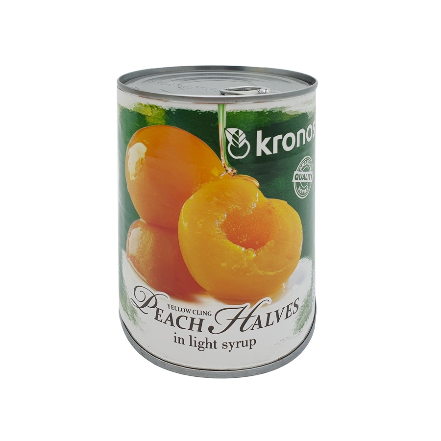 Yellow peach halves in light syrup 820g. - Kronos ลูกพีชสีเหลืองผ่าครึ่งแช่ในน้ำเชื่อมสูตรหวานน้อย เ