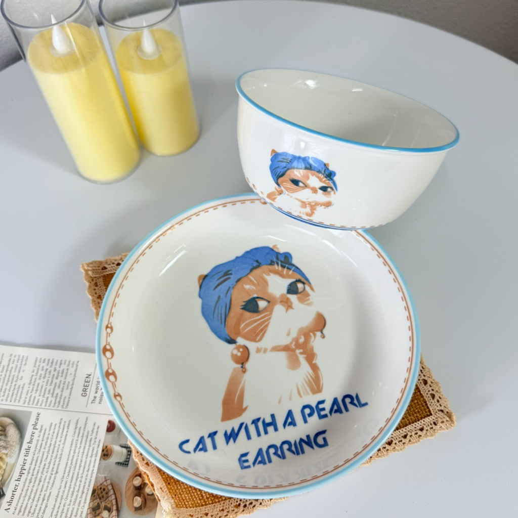 Cat with pearl คุณนายแมวเหมียว จานแมว ชามแมว ลายน่ารัก ชุดเข้าเซ็ท