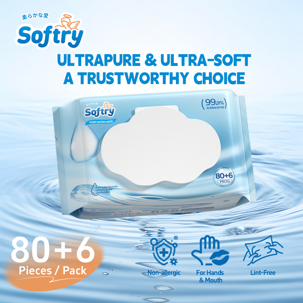 Softry ทิชชู่เปียก น้ำบริสุทธิ์ ผ้าใยสังเคราะห์ ธรรมชาติปลอดสาร เหมาะสำหรับผิวแพ้สูง  Baby Wipes