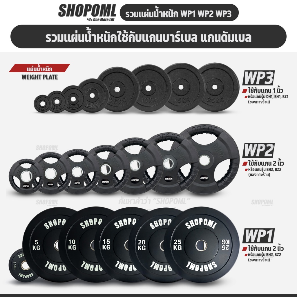 รวมแผ่นน้ำหนัก OML WP1,2,3 ใช้ได้กับบาร์เบลแกน 2 นิ้ว และ 1 นิ้ว แผ่นบาร์เบลแบบมีช่องจับ แผ่นน้ำหนักโอลิมปิค แผ่นน้ำหนัก
