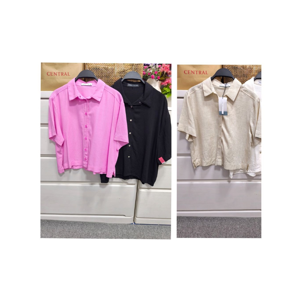 Lefties เสื้อเชิ้ต แขนสั้น ทรงครอป ผ้าลินินผสม