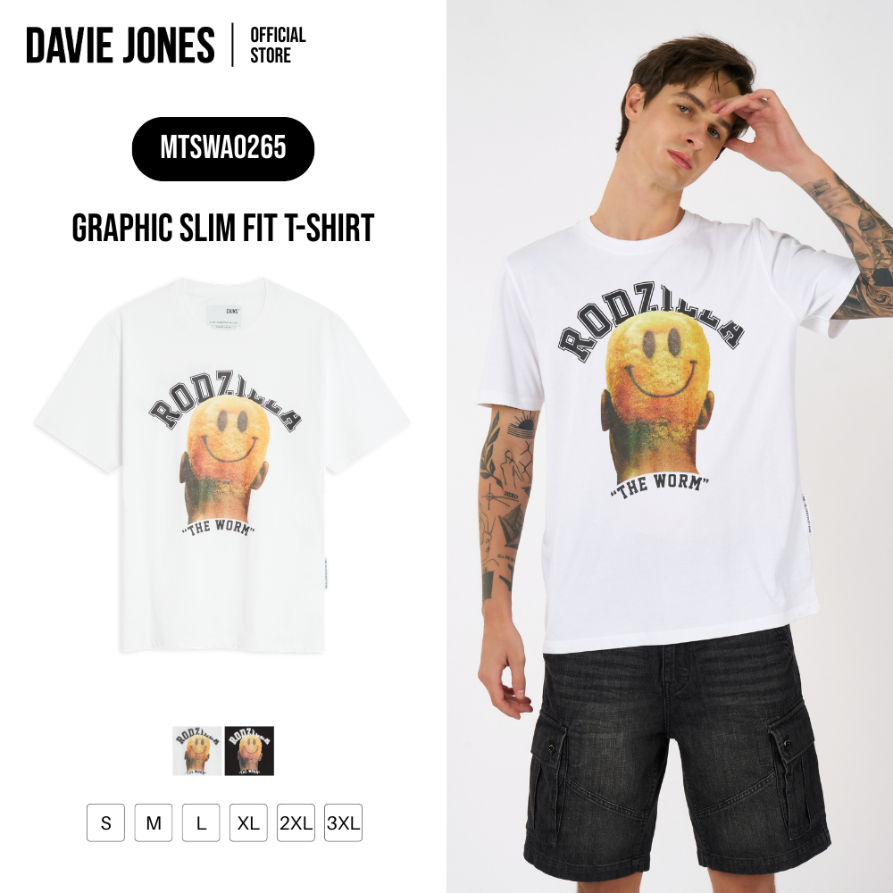 DAVIE JONES [BE FEARLESS] เสื้อยืดผู้ชาย Graphic Slim Fit T-Shirt สีขาว ดำ WA0265