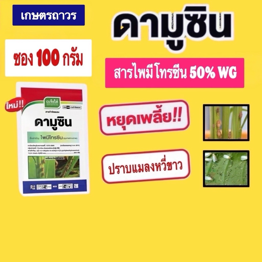 ดามูซิน ซอง 100 กรัม สารไพมีโทรซีน ตัวเดียวกับเพลนั่ม กำจัดได้ทั้งเพลี้ยกระโดด เพลี้ยจักจั่นและแมลงหวี่ขาว