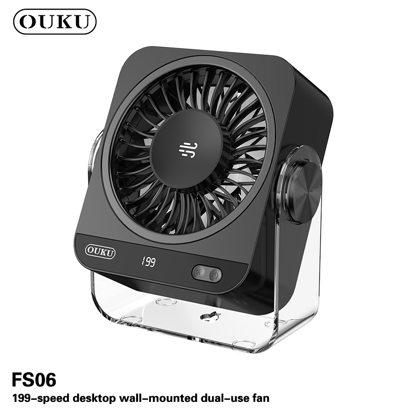 พัดลมตั้งโต๊ะติดผนัง พร้อมโหมดไอเย็น 2in1 ปรับความแรง 1-199 ระดับ มีขาตั้งพับเก็บได้ ใช้งาน 20ชม. OU