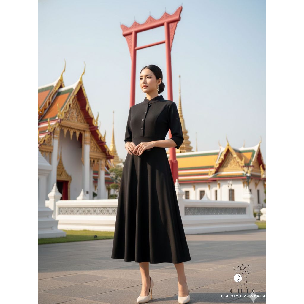 เดรสสีดำ ชุดเดรสสาวอวบ ชุดทำงานสีดำ Black Dress ทรงสง่างาม Mอก32 38 XL39 45 แบรนด์ไทย Chic Big Size