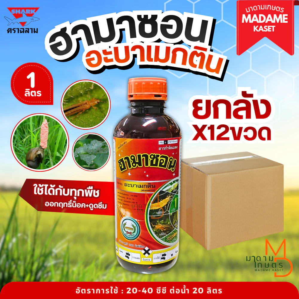 ยกลังx12 | ฮามาซอน (อะบาเมกติน 1.8%) หยดหอย หยดเพลี้ย สูตรเย็น กำจัดเพลี้ยไฟ หนอนชอนใบ หนอนห่อใบข้าว ( 1 ลิตร )