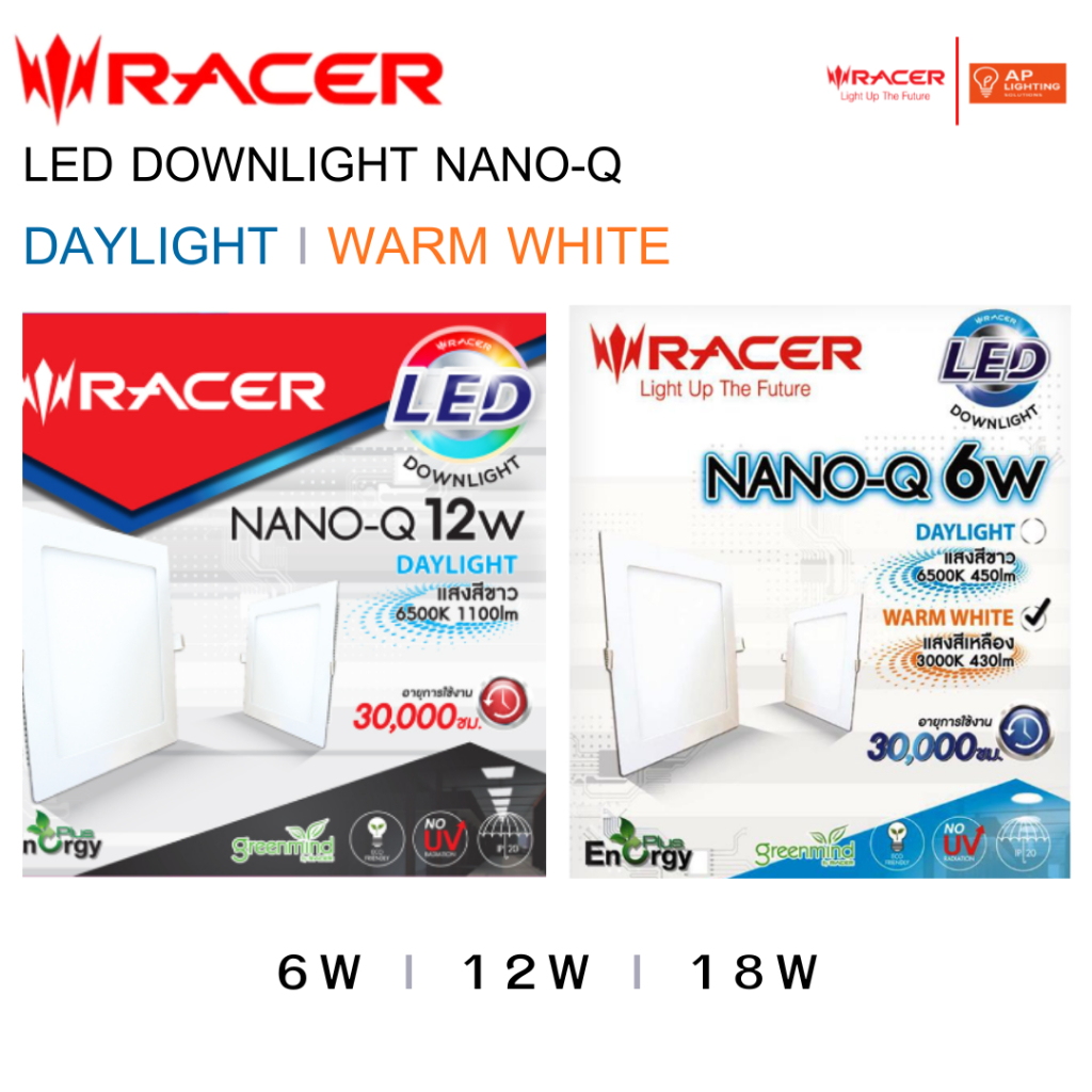 Racer : โคมดาวน์ไลท์ฝังฝ้า นาโน-คิว LED Downlight ฝังฝ้า หน้าเหลี่ยม(รุ่นเก่า กล่องแดง)  6w 12w 18w แสงขาว แสงเหลือง