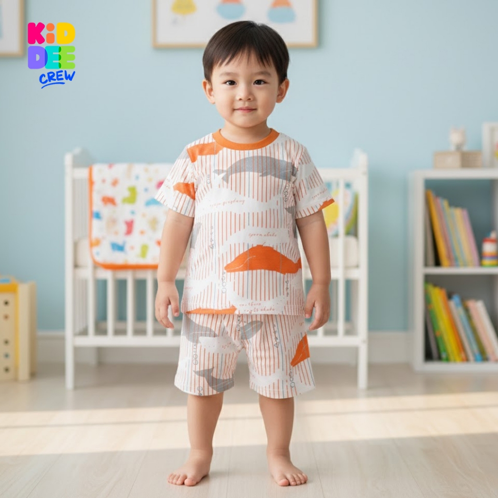 KiddeeCrew ชุดเซ็ทเด็ก เสื้อกางเกงแขนขาสั้น ผ้าcotton100% เสื้อผ้าเด็กลาย ส้มลายริ้วปลา เหมาะอายุ 1 ปีถึง 12 ปี