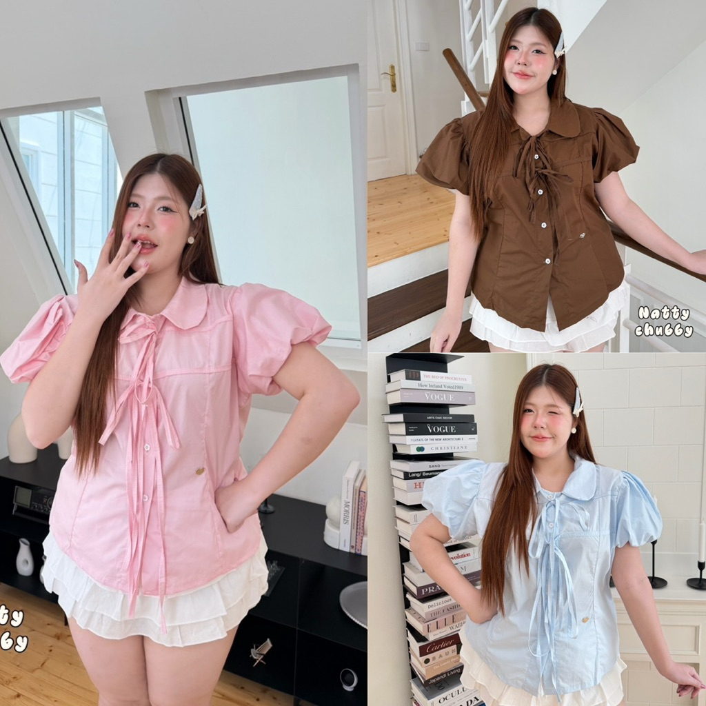 /NT/ เสื้อคอปกตัวยาว ไซส์อก38-50 แขนบอลลูน ดีเทลเชือกผูกโบว์หน้า ผ้าคอตตอน100% อยู่ทรงสวย ใส่สบายมาก #พลัสไซส์