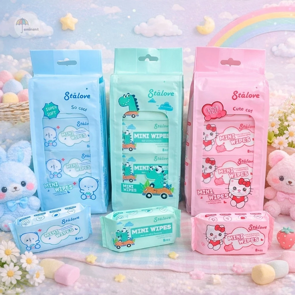ทิชชู่เปียก mini wipes 1 แพ็ค 8 ห่อ ขนาดพกพา เนื้อนุ่มอ่อนโยน ไร้แอลกอฮอล์ พกทำความสะอาดได้ทุกที