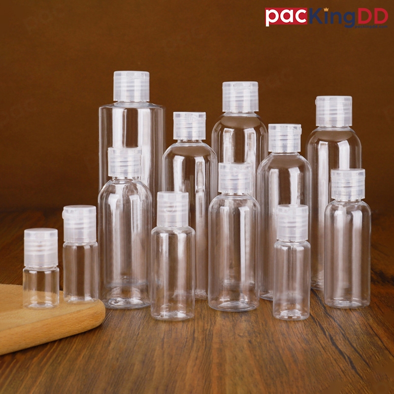 (แพ็ค 10 ชิ้น) ขวดพลาสติก ฝาฟลิบ สีใส ขนาด 30/50/60/80/100/120/150/200 ml. #P416  ฝาพับ ขวดเปล่า PackingDD