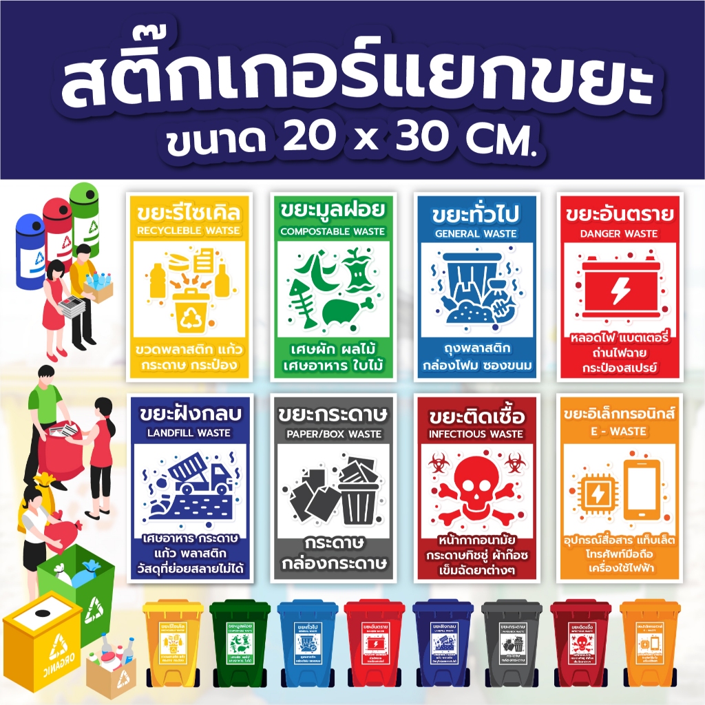 สติ๊กเกอร์ PVC คัดแยกขยะ กันน้ำกันฝน ติดทน พร้อมส่ง