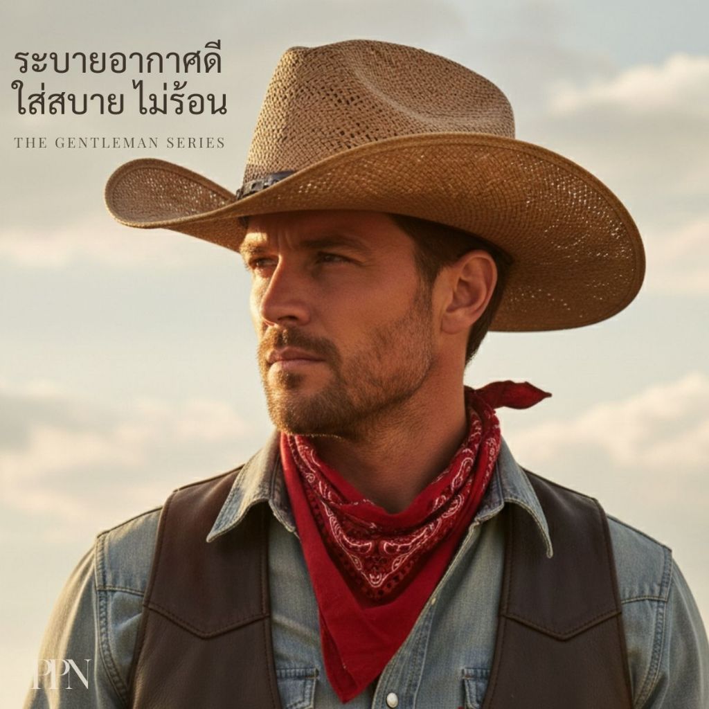 หมวกคาวบอย หมวก​แฟชั่น​ผู้ชาย หมวก​เที่ยว​ทะเล หมวก​คาวบ​อ​บยผ้า​ตาข่าย (The Gentleman Series)