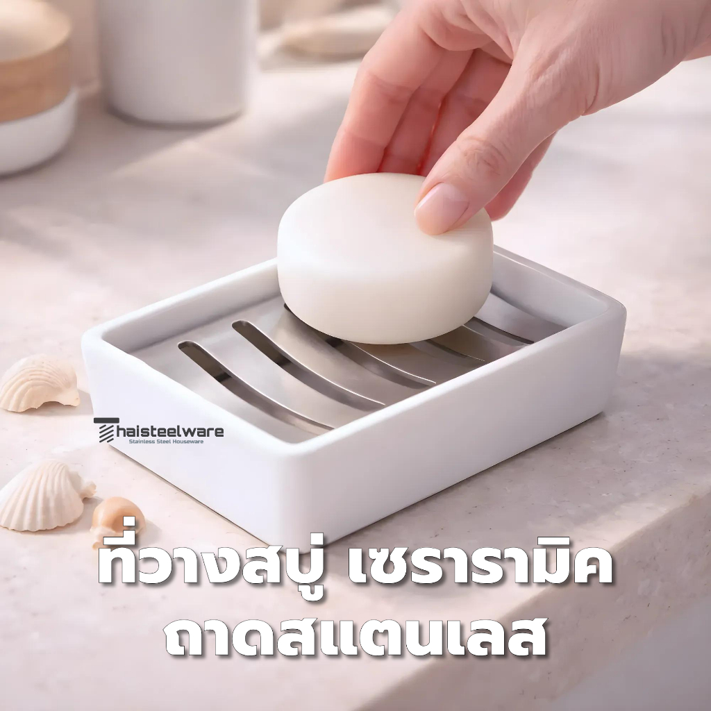 THAISTEELWARE ที่วางสบู่ ระบายน้ำ เซรามิค  สแตนเลส 304 ถาดวางสบู่ กันสบู่แฉะ ถอดล้างได้