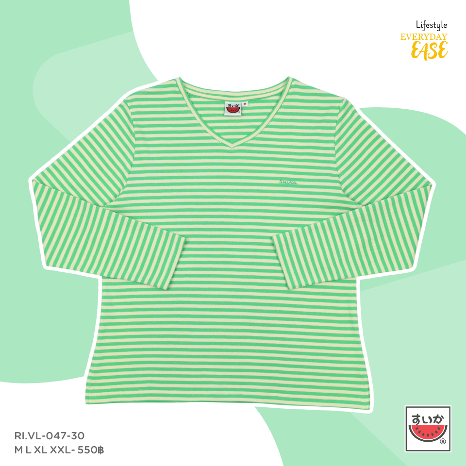 เสื้อแตงโม (SUIKA) -เสื้อยืดคอวี ลายริ้วทอ แขนยาว ( RI.VL-047) — صورة 4