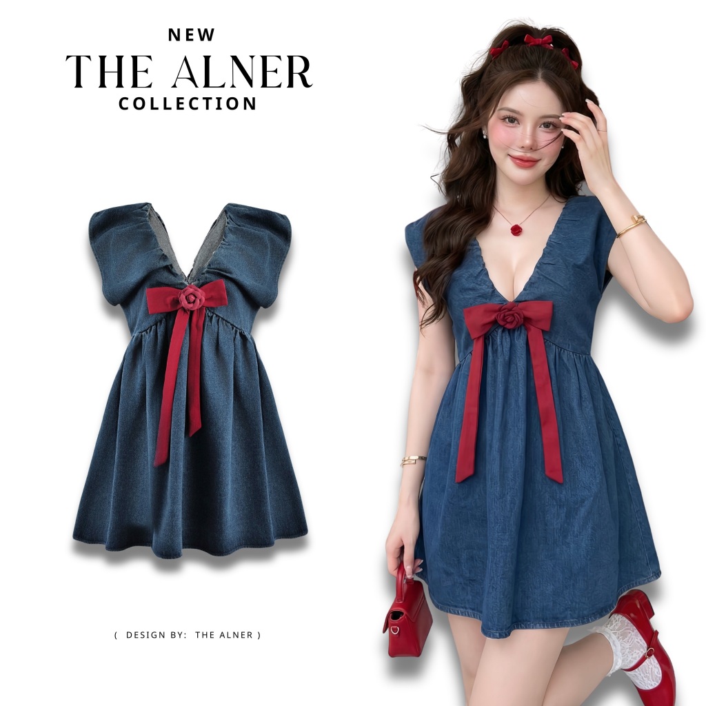 Thealner-AN417 (เซตเสื้อยีนส์แขนกุดแต่งโบว์แดง กางเกงขาสั้น)