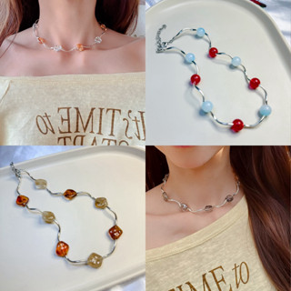 สร้อยคอสีเงินลูกปัดอะคริลิค งานแฮนด์เมด🧚🏻‍♀️🫧🩵🎨(พร้อมส่ง)