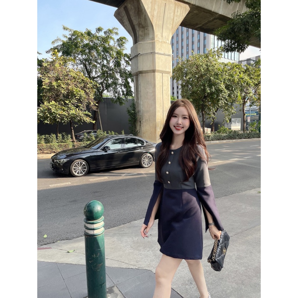 ส่งด่วน 🚨  ขาวเบจ/ชมพู/นู้ด/น้ำตาล/ดำ SLYQ MADE COLOURBLOCK SPILT SLEEVE DRESS ชุดเดรสสั้นแขนยาว