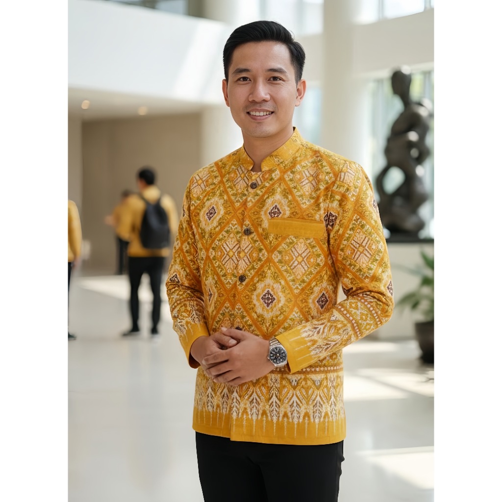 เสื้อลายไทยผู้ชายแขนยาว เนื้อผ้าฝ้ายพิมพ์ลายหมักโคลน สีเหลืองมัสตาร์ดP50 แถม!!ถุงใส่แก้วน้ำ