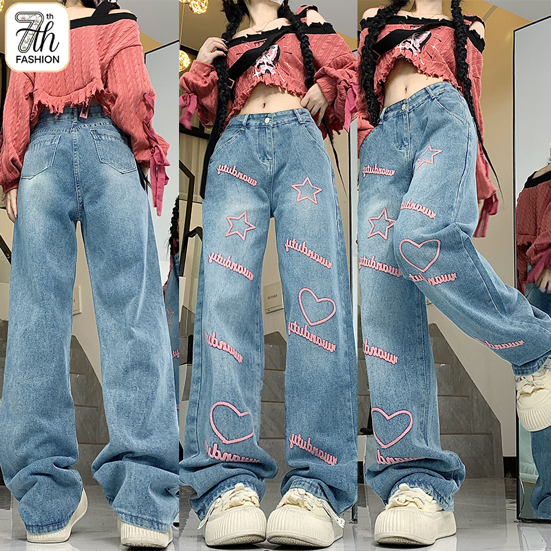 S-5XL กางเกงยีนส์ทรงตรงผู้หญิง สีฟ้าอ่อน ปักลายตัวอักษร ดีไซน์เข้ากับทุกชุด ทันสมัย