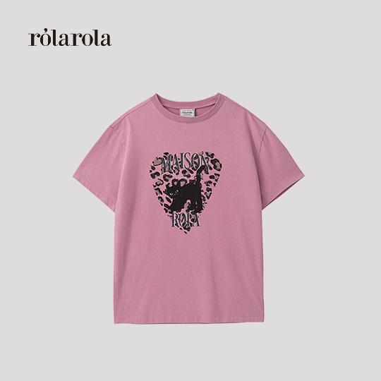 ROLAROLA - LEOPARD HEART CAT PIGMENT T-SHIRT (CHARCOAL , INDIE PINK , IVORY)