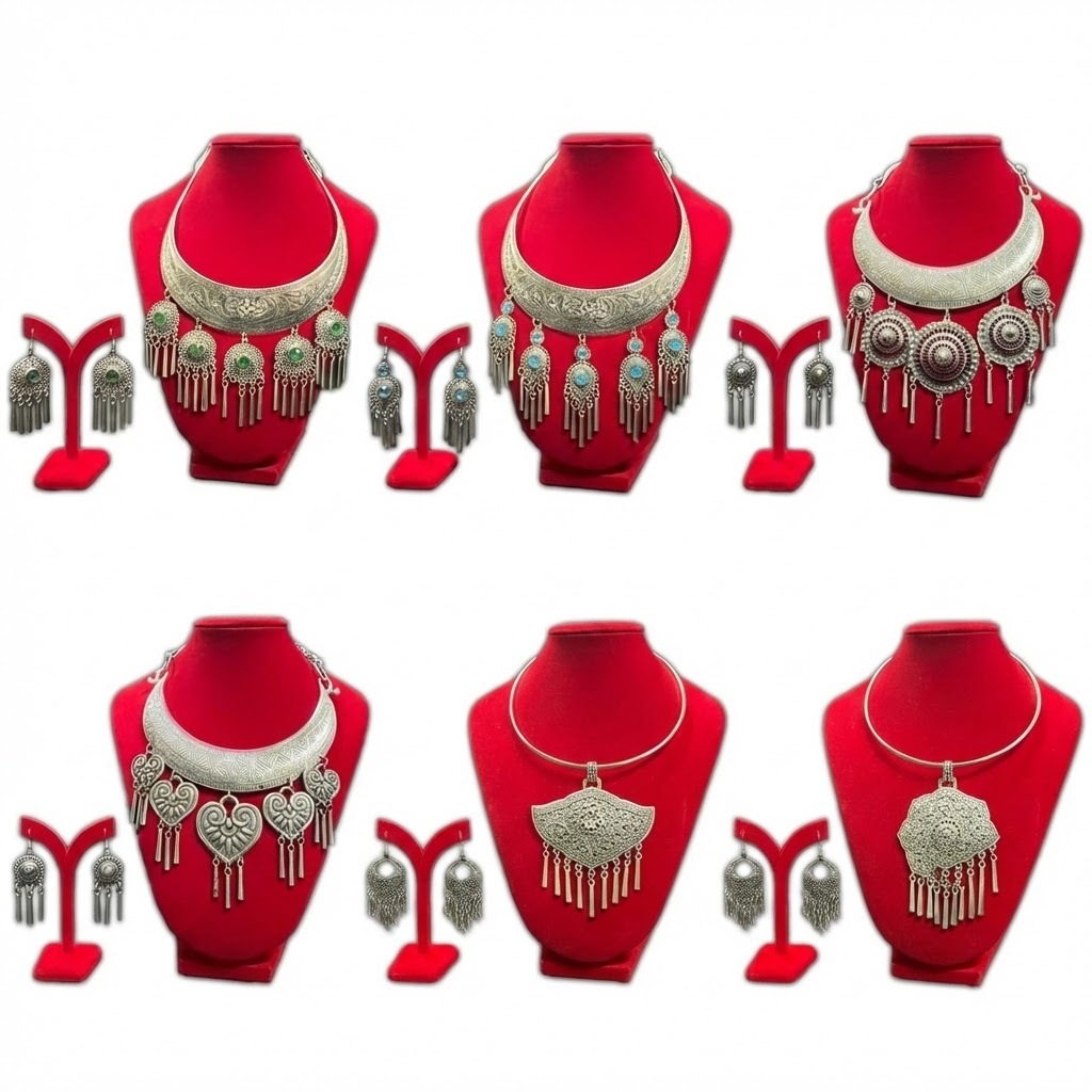 สร้อยคอ+ต่างหู แฟชั่น รหัส NLE สร้อยคอตอกลายพร้อมต่างหู แบบคู่ นางรำ