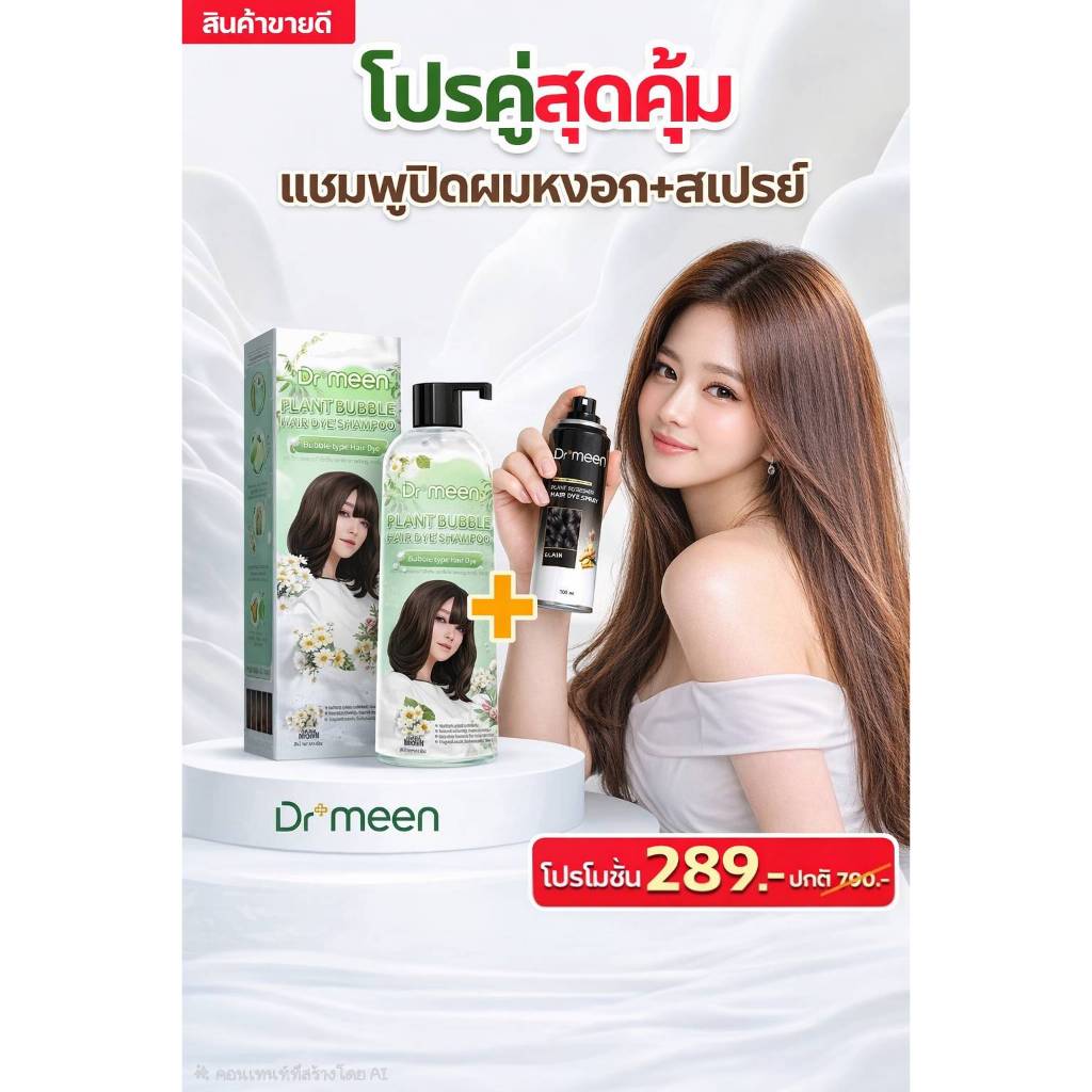 เซตดูแลผม Dr.Meen แชมพู (1ขวด 400 ML)ปิดผมขาว  ปิดหงอก คู่ สเปรย์ 2in1 (1ขวด100ML) ปิดผมบาง สุดคุ้ม