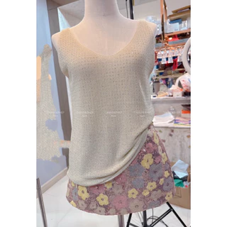 ชุดเซท 2 ชิ้น เสื้อกล้ามไหมพรมปักเพชร กระโปรงกางเกง ผ้าวิ้งๆลายดอก