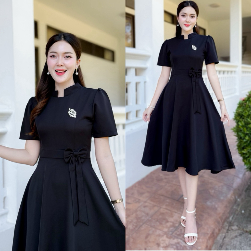 D13 เดรสสีดำคอจีน แต่งโบว์ที่เอว ให้ลุคที่ทั้งสง่างามและมีสไตล์ ใส่ทำงาน (พร้อมส่งไม่ต้องพรีออเดอร์)