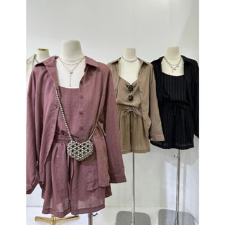 #ป้าย B524 เสื้อเชิ้ตแขนยาว + สายเดี่ยว + กางเกงขาสั้น (3 ชิ้น) มีให้เลือก 2 สี: ขาว / ดำ