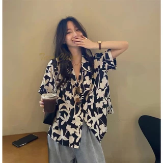 IT049 TARA Hawaii เสื้อเชิ้ตปกฮาวาย ลายดอก แขนสั้น กระดุมหน้า สไตล์เกาหลี เนื้อผ้าไหมอิตาลีพิมพ์ลายอย่างดี