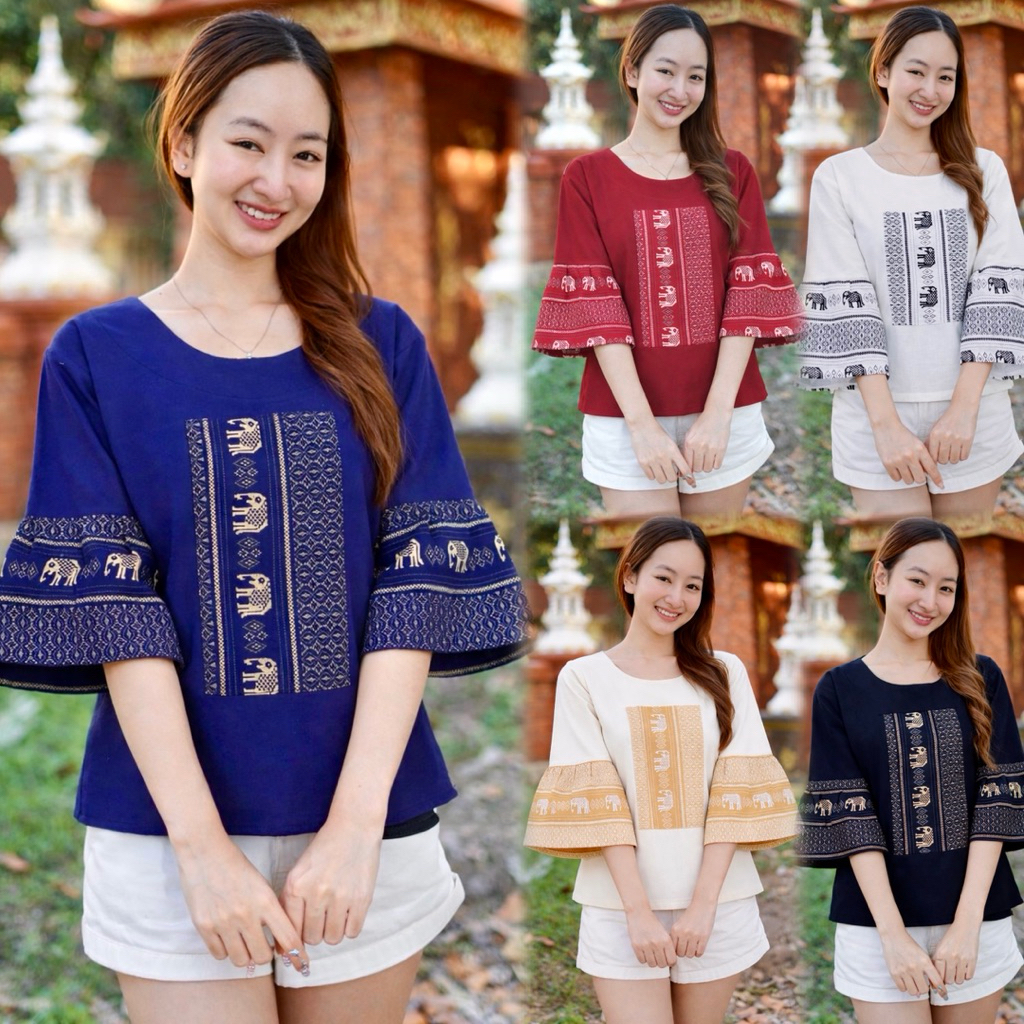 เสื้อคอกลม แขนกระดิ่งลายช้าง (มีทั้งหมด5สี)