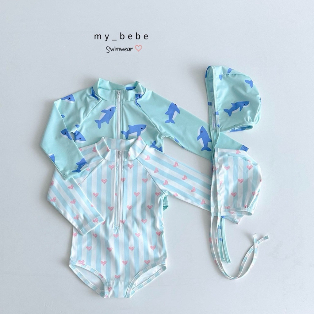 มาใหม่🐋ชุดว่ายน้ำเด็กแขนยาวพร้อมหมวก ลายน่ารักมาก summerนี้ต้องมี