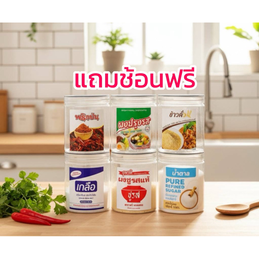 เซ็ต 6กระปุก(แถมช้อน) ใส่เครื่ิองปรุงพร้อมสติ๊กเกอร์ ขนาด 419ml.