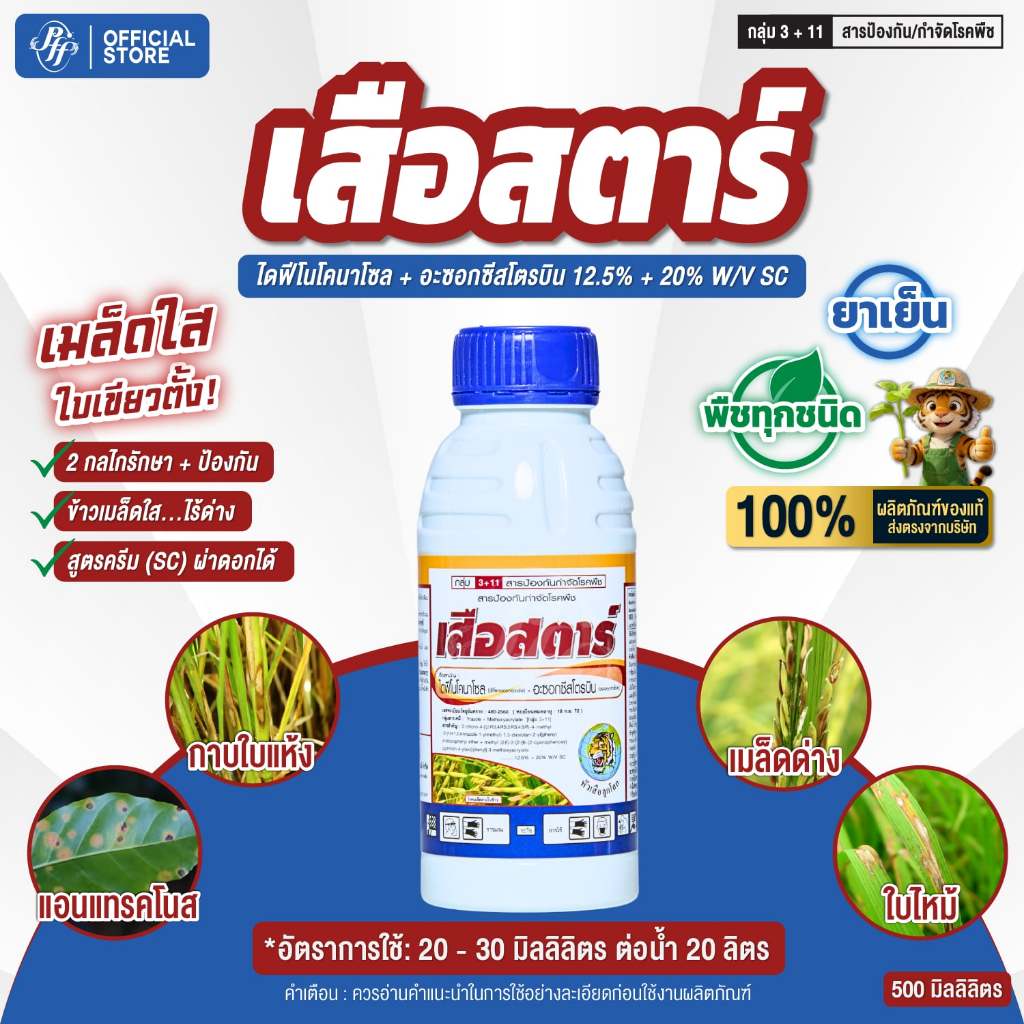 เสือสตาร์ ไดฟีโคนาโซล+อะซอกซี่สโตรบิน 500 ซีซี เมล็ดด่าง เมล็ดลาย ดอกกระถิน กาบใบแห้ง ใบจุดสีน้ำตาล